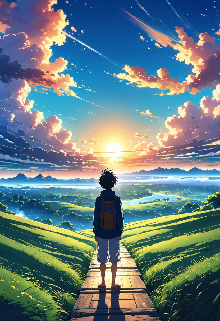 Beautiful and serene anime landscape, ((with clean sky bintage effect)), sunset ((without clouds)), dreamy, incredible. A boy looking towards the empty horizon, an incredible clear sky, fascinating, dreamy, surreal, well detailed, photoshop, anime-realistic, anime landscape wallpaper, landscape anime, anime landscape wallpapers, anime beautiful scene peace, beautiful anime landscape, anime sky anime. by makoto shinkai, Rhads and Lois Van Baarle, makoto shinkai cyril rolando, anime background art, 4k anime art wallpaper, clear sky