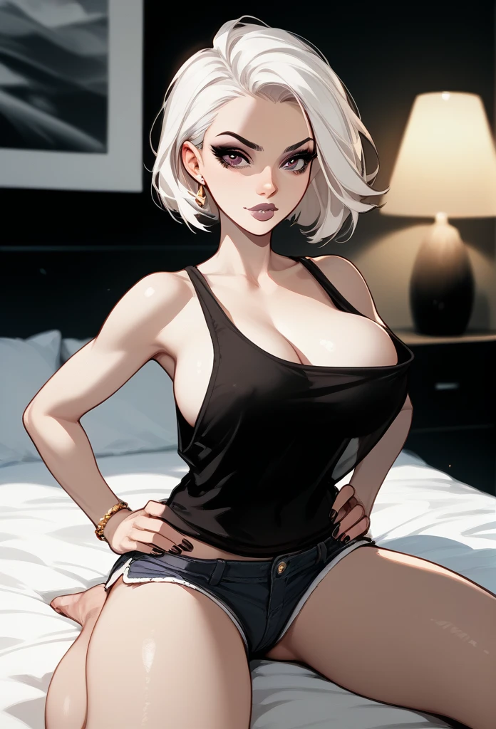 mature woman, mature face, (hot face), flirting expression, raven hairstyle, (white hair color, black gradient hair color), (sharp eyes), glossy lips, voluptuous body, big breasts, big ass, hands on hips, tank top, hot pants, bedroom, sitting on bed