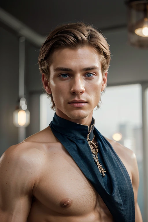 Detailed CG Unity 8K Wallpapers,Tabletop, best quality, ultra-detailed, white background, a beautiful 25-year-old man with short dark-blond hair, short hair, blue eyes and pale skin, masculine posture Complete fashion collection, high quality, Masterpiece, very beautiful and varied, top model, modern, very detailed and intricate, Very fine, extravagant , photorealistic, cinematic lighting, perfect