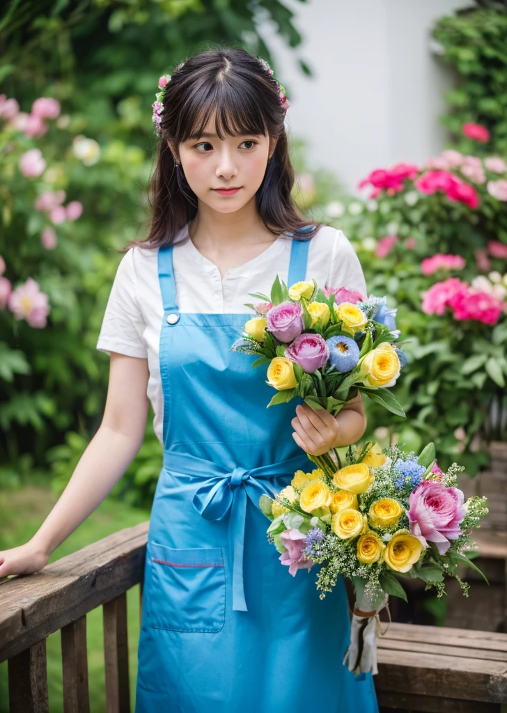 (Realistic, photo-Realistic:1.37),(8K, RAW Photos, Highest quality, masterpiece:1.2), cute, Ultra-detailed, 超High resolution, Kodak Vision Color, Filmed with an Arricam LT camera,Highest quality, Lively, 8K, High resolution, 1 girl, Escape, (Professional Lighting), (Portraiture:0.6), Black Hair, (Medium Hair),22 years old、loristさん、Wear an apron、Make a bouquetlorist、Surrounded by lots of flowers、Gorgeous bouquet、Rain、Sad、Sad expression、Blue Flower、