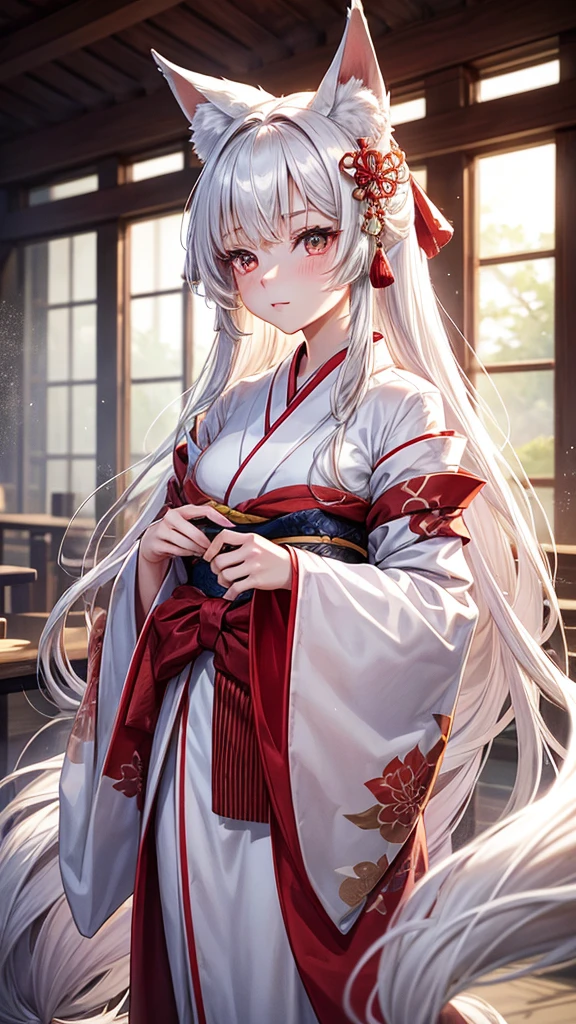 "A young woman, 20 years old, wearing a fantastical Japanese kimono with a predominantly white color. She has fox ears on her head, no human ears, and long white hair. Her eyes are a striking red, and she has a subtle red blush on her cheeks. From the hem of her kimono, a long fox tail gracefully extends. The scene is set in a misty, magical background with a cinematic feel, high-definition, as if enveloped in a dreamlike fog."