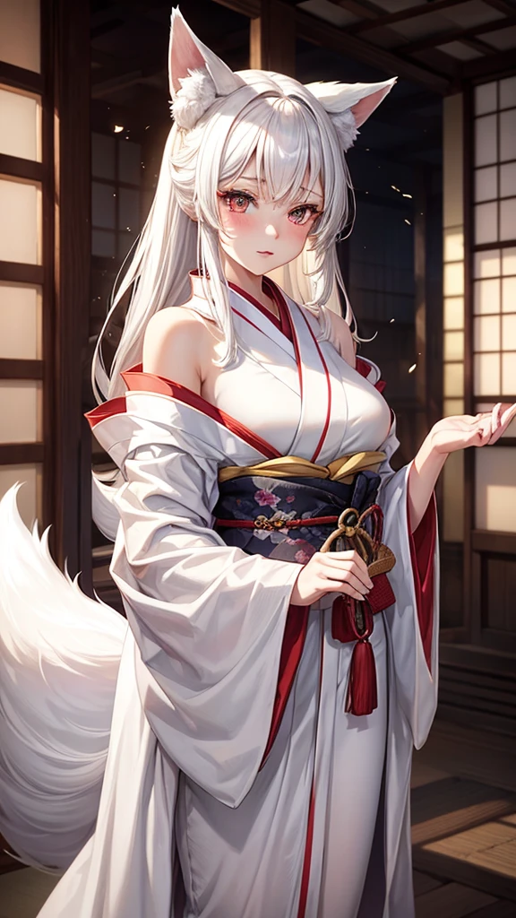 "A young woman, 20 years old, wearing a fantastical Japanese kimono with a predominantly white color. She has fox ears on her head, no human ears, and long white hair. Her eyes are a striking red, and she has a subtle red blush on her cheeks. From the hem of her kimono, a long fox tail gracefully extends. The scene is set in a misty, magical background with a cinematic feel, high-definition, as if enveloped in a dreamlike fog."