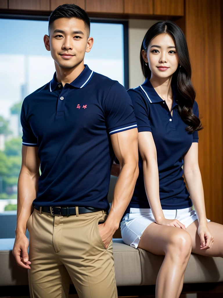 (Create a masterpiece: 1.2),(CGI art:1.3),(realistic:1.5),(After processing:1.3),(Sharp focus:1.3),10,1 man, smile, (Wear a navy polo shirt...), Navy cargo pants, Korean guy , korean men, (High gloss details), chest muscles, large arm muscles, blood vessel, Big muscles, Broad shoulders, looking at the audience, Balancing the eyes, tv, supermarket, (Make eye contact