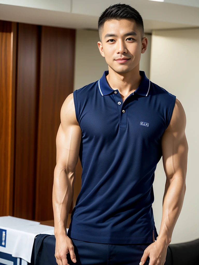 (Create a masterpiece: 1.2),(CGI art:1.3),(realistic:1.5),(After processing:1.3),(Sharp focus:1.3),10,1 man, smile, (Wear a navy polo shirt...), Navy cargo pants, Korean guy , korean men, (High gloss details), chest muscles, large arm muscles, blood vessel, Big muscles, Broad shoulders, looking at the audience, Balancing the eyes, tv, supermarket, (Make eye contact