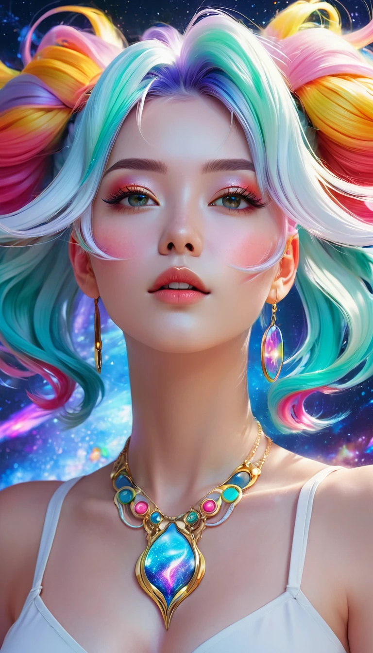 Close-up of a woman with colorful hair and necklace, anime girl with cosmic hair, Rossdraws' soft vitality, Gouvez style artwork, fantasy art style, colorful], vibrant fantasy style, Rossdraws cartoon full of vitality, cosmic and colorful, Guweiz, colorful digital fantasy art, stunning art style, beautiful anime style, white skin, subtle