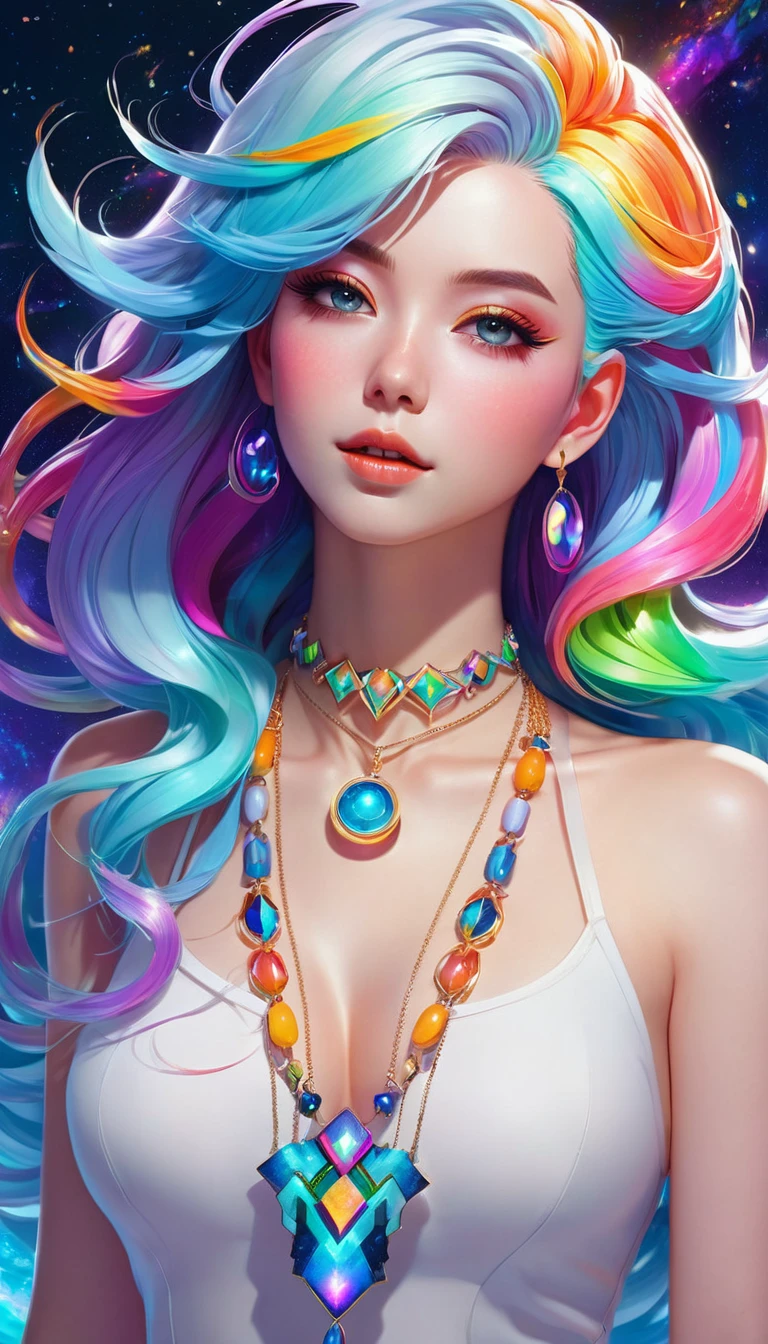 Close-up of a woman with colorful hair and necklace, anime girl with cosmic hair, Rossdraws' soft vitality, Gouvez style artwork, fantasy art style, colorful], vibrant fantasy style, Rossdraws cartoon full of vitality, cosmic and colorful, Guweiz, colorful digital fantasy art, stunning art style, beautiful anime style, white skin, subtle