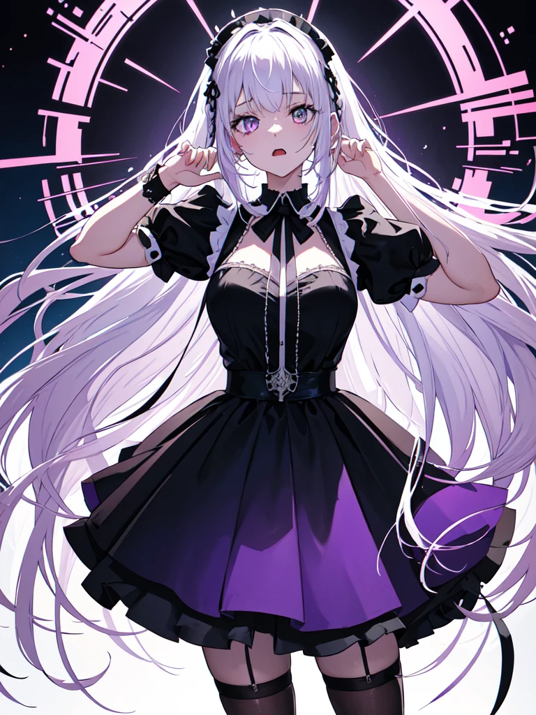 maid, Evil Eye, A bad looking person with white eyes, whole body絵, She is wearing a maid uniform and the background is a dark and desolate landscape., Horror movie atmosphere. Her figure is extremely beautiful, Emphasizing the dark and crazy elements. Skillfully expressing the effects of light and shadow, detailed, The face and expression of the black costume are also carefully drawn..., Artistic elements add depth to the work. The overall atmosphere is creepy and nightmarish..., With a unique artistic touch. This movie is、The dark and crazy world of horror movies depicted in HD., Evoke visual stimuli and aesthetic sense, It will terrify and excite the audience....,sketch (Character design sheet, same characters, whole body, Three-View, front, ~ ~ ~ side, return) and watercolor画, （Gradient braided hair, (Ink blotches:1.1), (pale:1.2),(Light purple:1.2),(Light green:1.2)　and a mature face,tall, Wearing black tights,Green Eyes, The skin is hidden　and 1 female, Nervous,Cowboy Shot,,(Very bright:1.1), White Background, [1 Girl:7], (Tilt your head:1.2), ([sketch|watercolor \(Moderate\)]:1.15),Chaotic Abstract Background, Vector Trace, Gradient Blending, Bright colors, that&#39;wonderful, 非常にdetailed, Complex, (Very low contrast:1.4)