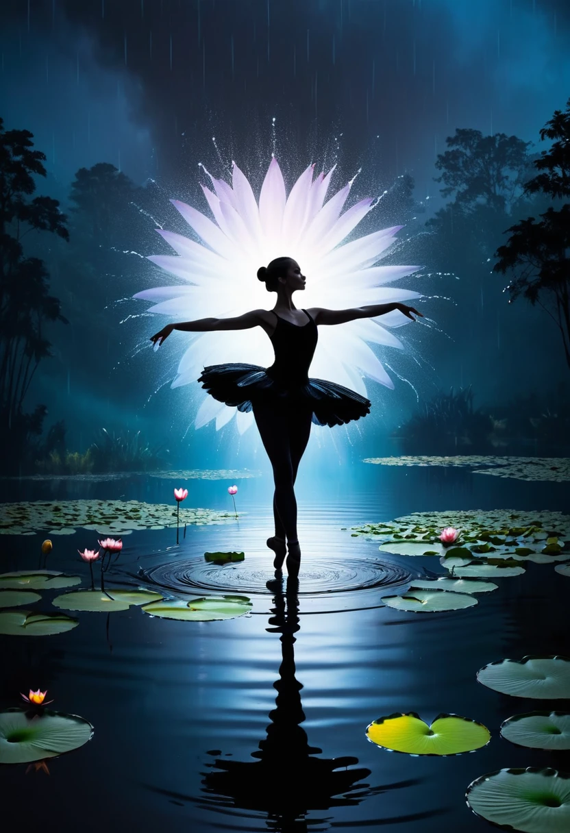 rainstorm，Rain splash，Girl shows black silhouette,Contrast with bright background,ballet silhouette,High contrast,Silhouette ballerina on the lake,lotus, lily pad，Shooting against the light，