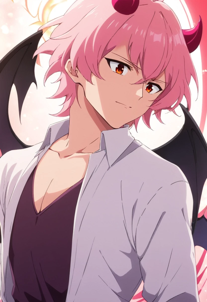 Anime man, older, pink hair, demon horns, hot, fictional man