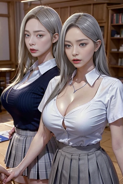 (8K, RAW Photos, Realistic:1.25), Tabletop, Highest quality, shape, Very detailed, Subtle details, High resolution, 8K壁紙, 完璧なダイナミックな構shape, 細かくてBeautiful Eyes, Natural Lip, (uniform、high school girl、Navy Pleated Skirt、白いCollared shirt、Collared shirt:1.3), (((Huge breasts :1.2, Saggy breasts:1.1))), Cleavage, Perfect glowing skin, Perfect Skin, (((Shiny white skin))), (((Silver Hair)))Moist lips, Innocent big eyes, Beautiful Eyes,、全身shape、In the classroom、(((Big Breasts)))(2girls),(((2girls)))Two women,Equal height,Facing each other,Two bodies approaching,、Photo of the two of them、Holding hands and facing each other、向かい合うPhoto of the two of them、Push each other、Put your boobs together、Huge boobs、超Big Breasts、Large Breasts、Cleavage、I can see your chest、necklace、Large Breastsの谷間、