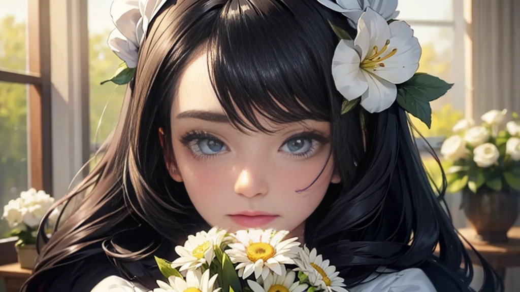 Woman and bouquet,She looked at me with such beautiful and kind eyes..Schneider Pastel Ink Details, Soft and wonderful, fluffy, (Very nice and beautiful), (Perfect detail)、(pastel colour),Soft texture:1.2.(Tabletop, Highest quality), (Beautiful, detailed eyes), (Detailed eyes and face),(Jet black silky hair), The colour is noticeably brighter.A faintly blurred silhouette