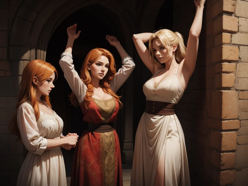 two women leaning on the wall with their arms up, a blonde and a redhead, They wear blouses from the medieval period, half body shot in front of the camera