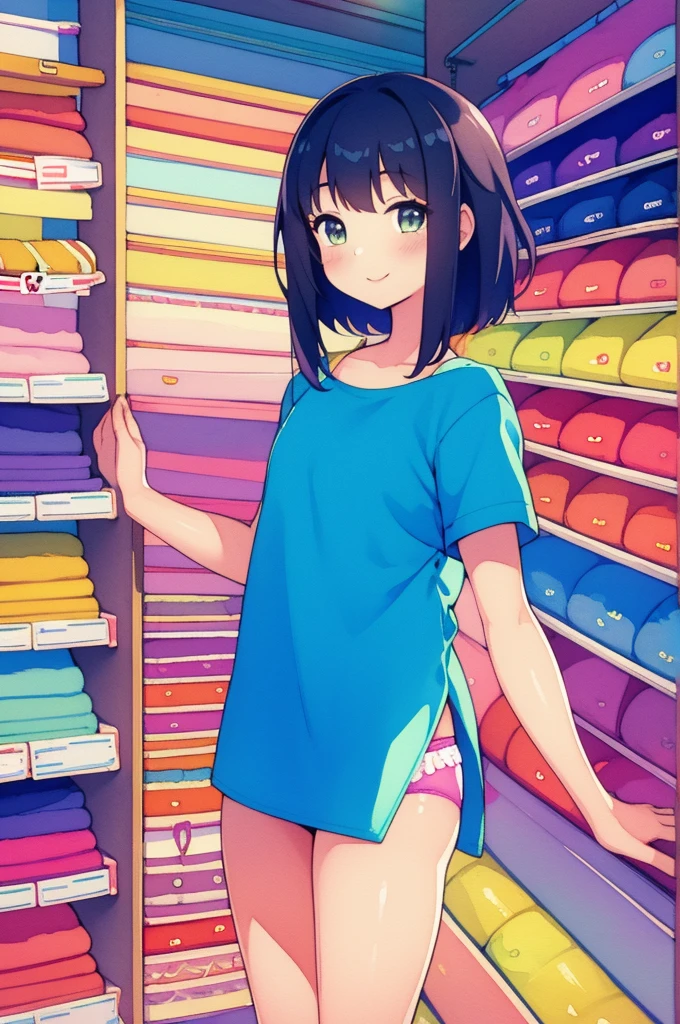 (Masterpiece, high quality), 1 girl, , flat chest, COLORFUL T-shirt, (colorful panties), wide, in a clothing store, (choosing clothes), SMILE, vibrant colors, best shadows, volumetric lighting, watercolor