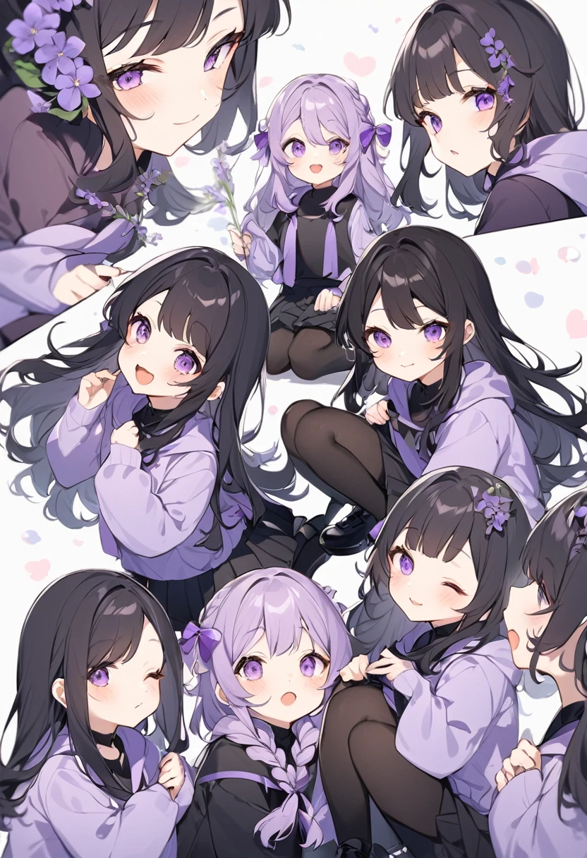 Keito。Purple hoodie。Black Skirt。Purple Eyes。Black Hair。Black shoes下。Black shoes。istery eldest daughter has lavender hair.。all female。Sextuplets
