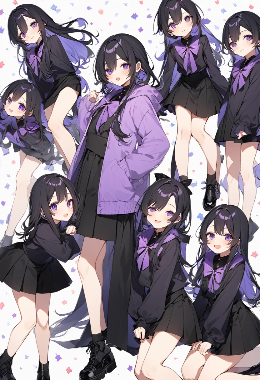 Keito。Purple hoodie。Black Skirt。Purple Eyes。Black Hair。Black shoes下。Black shoes。6 sistery eldest daughter has lavender hair.。all female。Sextuplets