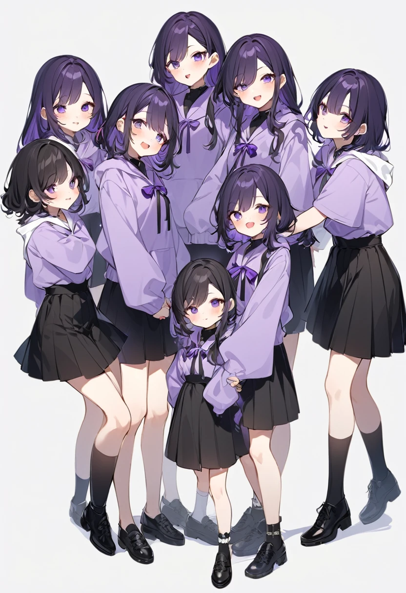 Keito。Purple hoodie。Black Skirt。Purple Eyes。Black Hair。Black shoes下。Black shoes。6 sistery eldest daughter has lavender hair.。all female。Sextuplets