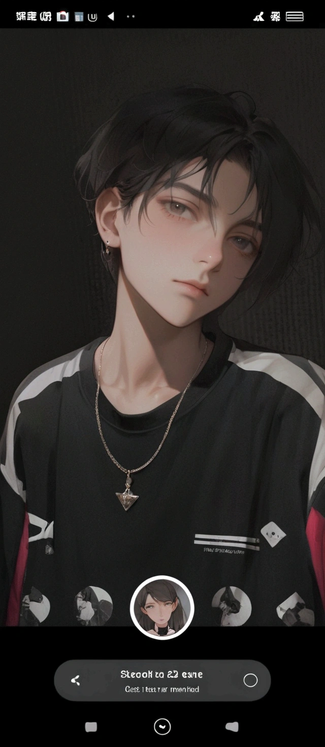 a close-up of a person with a necklace on their cell phone, 🤤 portrait of , androgynous, androginy, about 19 years old, portrait androgynous girl, androgynous person, androgynous face, from 8k fosco, very low quality image, androgynous male, she is wearing streetwear, beautiful androgynous girl