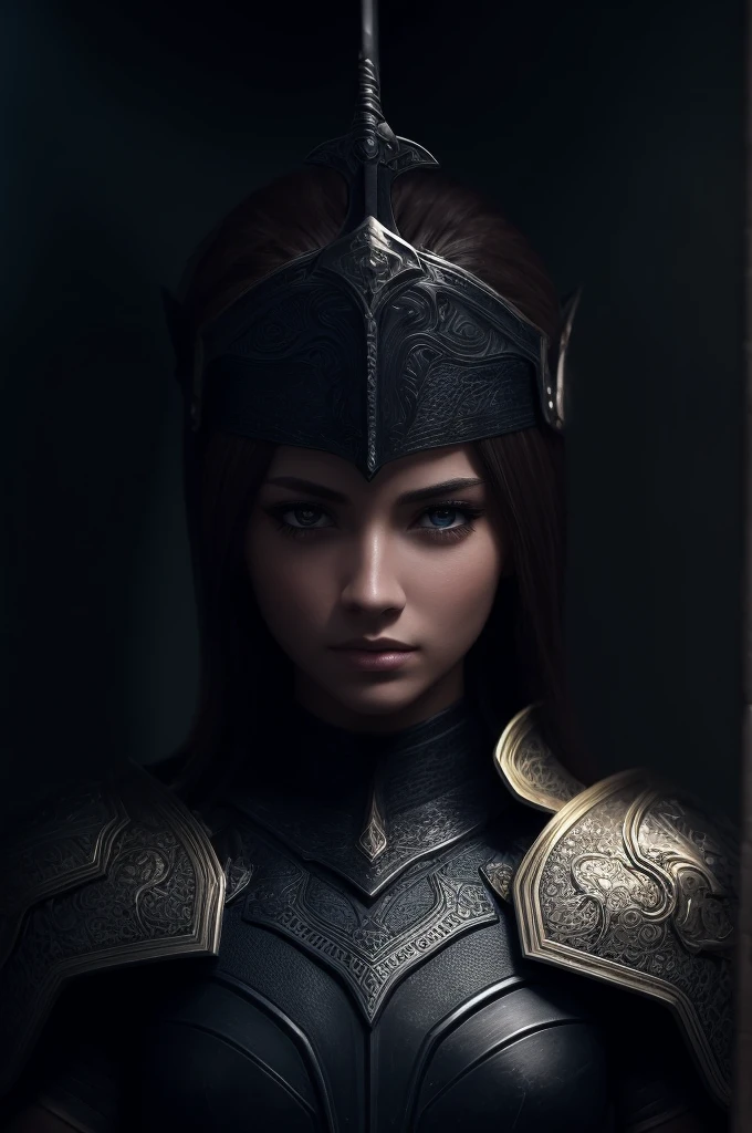 a female warrior, beautiful detailed eyes, beautiful detailed lips, extremely detailed eyes and face, long eyelashes, armor, sword, shield, determined expression, brave, strong, resilient, skilled, loyal, intelligent, unstoppable, compassionate, fantasy landscape, dramatic lighting, epic, cinematic, digital painting, highly detailed, 8k, photorealistic, vibrant colors, chiaroscuro