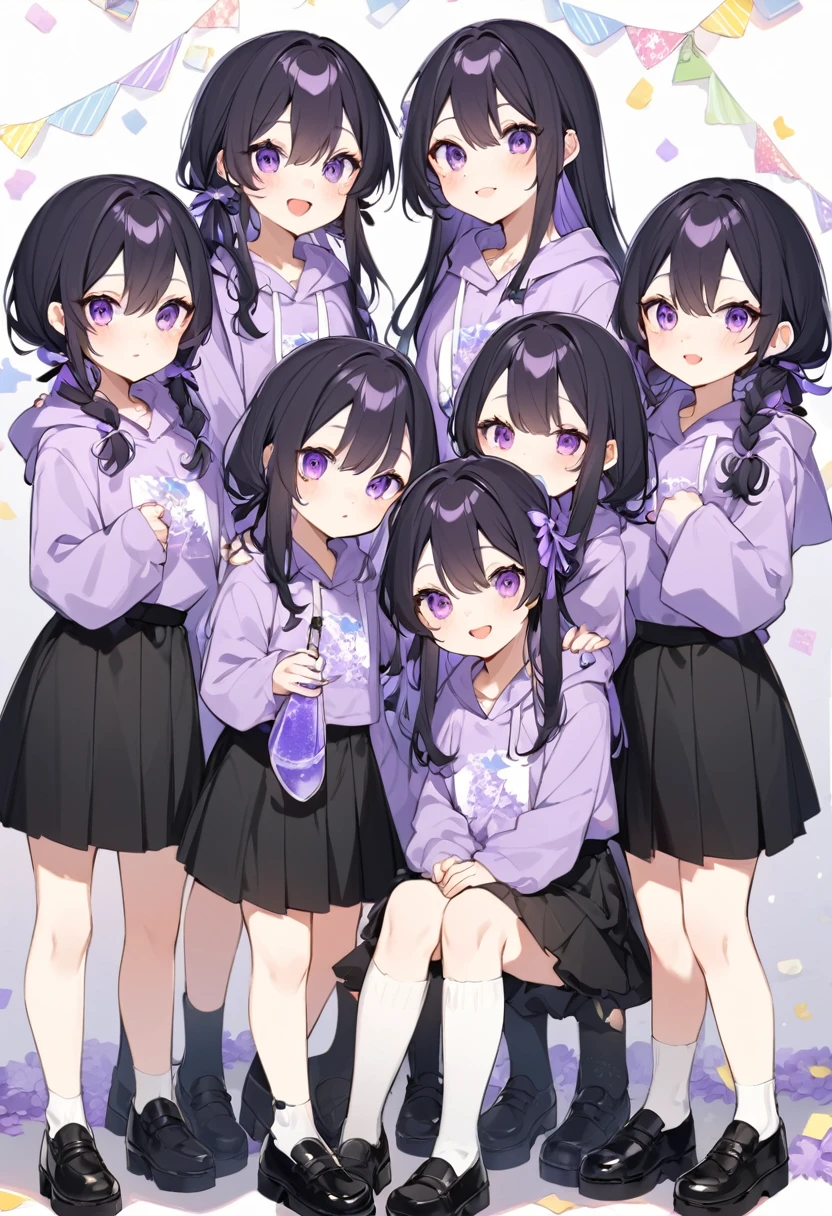 Keito。Purple hoodie。Black Skirt。Purple Eyes。Black Hair。Black shoes下。Black shoes。6 sistery eldest daughter has lavender hair.。all female。Sextuplets