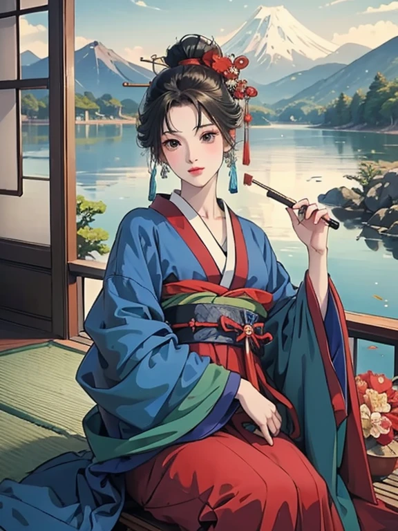 (Highest quality、masterpiece、High resolution、8K)、Vibrant colors、Ukiyo-e、Utamaro、Kimono Beauty、river、Mount Fuji in the distance、Japanese Landscape、Official Art、