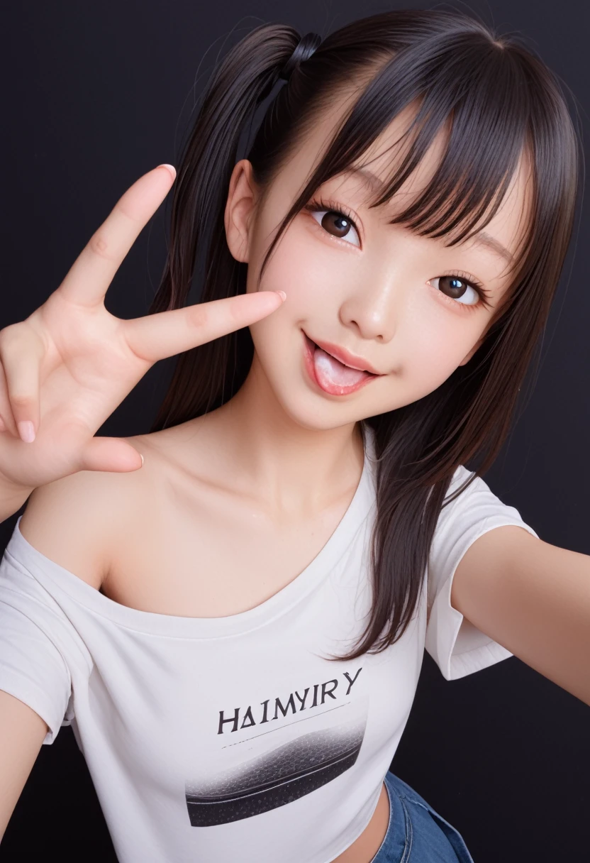 ollarbone,white t-shirt,off-shoulder look,bare shoulder,midriff peek,Denim mini skirt,open mouth,tongue out,cum on tongue,standing,Selfie,looking ahead,from above,flont view,upper body,(1girl,Beautiful old girl),((Slender,Small breasts,Small face,)),looking at viewer,Black Hair,bangs,one side up,Beautiful and detailed,Mischievous smile,Dimly lit room,Simple Background,Black background,Low lighting