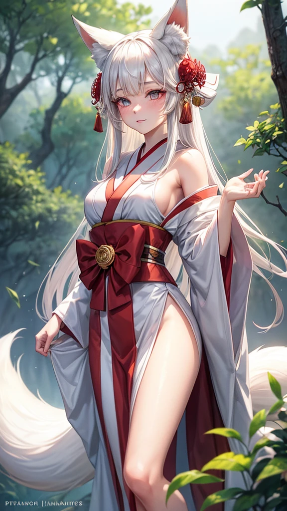 "A young woman, 20 years old, wearing a fantastical Japanese kimono with a predominantly white color. She has fox ears on her head, no human ears, and long white hair. Her eyes are a striking red, and she has a subtle red blush on her cheeks. From the hem of her kimono, a long fox tail gracefully extends. The scene is set in a misty, magical background with a cinematic feel, high-definition, as if enveloped in a dreamlike fog."