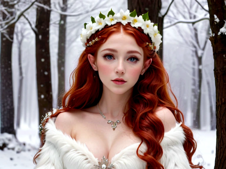 (Masterpiece, Best Quality), Snowy day, Half-body shot , Side shot, A 25-year-old elf, long wavy red hair, flower tiara, sultry flirtatious look, Body jewelry, little chest, The Goddess of Winter, White fluffy fur coat, in RAW format, 8K, Top Quality, Masterpiece, (See the camera: 1.3), photo, (Beautiful), Winter forest background during snowfall.