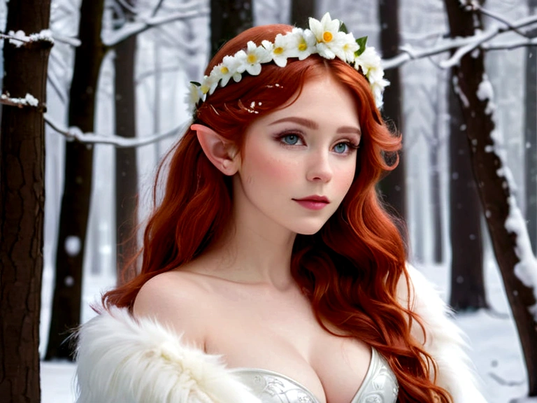 (Masterpiece, Best Quality), Snowy day, Half-body shot , Side shot, A 25-year-old elf, long wavy red hair, flower tiara, sultry flirtatious look, Body jewelry, little chest, The Goddess of Winter, White fluffy fur coat, in RAW format, 8K, Top Quality, Masterpiece, (See the camera: 1.3), photo, (Beautiful), Winter forest background during snowfall.