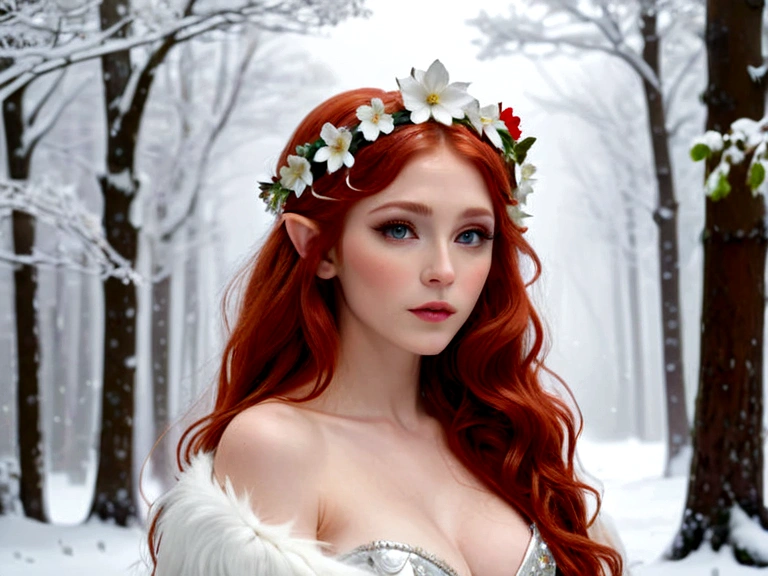 (Masterpiece, Best Quality), Snowy day, Half-body shot , Side shot, A 25-year-old elf, long wavy red hair, flower tiara, sultry flirtatious look, Body jewelry, little chest, The Goddess of Winter, White fluffy fur coat, in RAW format, 8K, Top Quality, Masterpiece, (See the camera: 1.3), photo, (Beautiful), Winter forest background during snowfall.