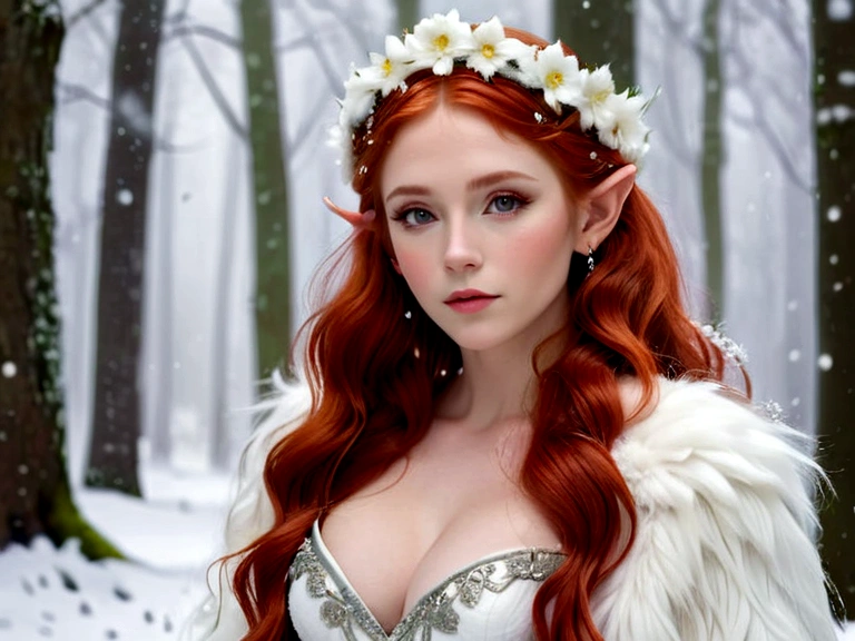 (Masterpiece, Best Quality), Snowy day, Half-body shot , Side shot, A 25-year-old elf, long wavy red hair, flower tiara, sultry flirtatious look, Body jewelry, little chest, The Goddess of Winter, White fluffy fur coat, in RAW format, 8K, Top Quality, Masterpiece, (See the camera: 1.3), photo, (Beautiful), Winter forest background during snowfall.