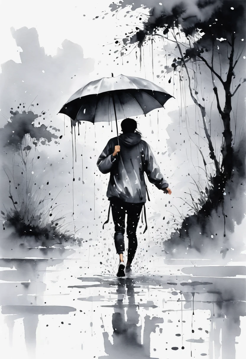 中国Ink Painting, Gray and White, Minimum,White background,The Trail, Minimalism, Huge negative space, Ink Painting, Abstract,heavy rain,A person dancing in the rain