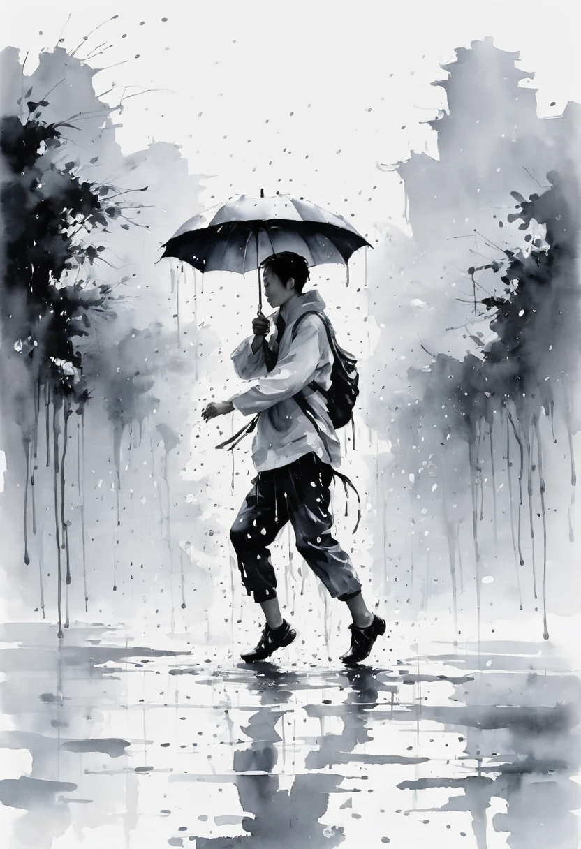 中国Ink Painting, Gray and White, Minimum,White background,The Trail, Minimalism, Huge negative space, Ink Painting, Abstract,heavy rain,A person dancing in the rain