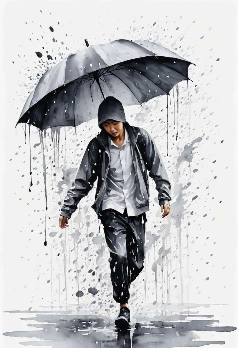 中国Ink Painting, Gray and White, Minimum,White background,The Trail, Minimalism, Huge negative space, Ink Painting, Abstract,heavy rain,A person dancing in the rain