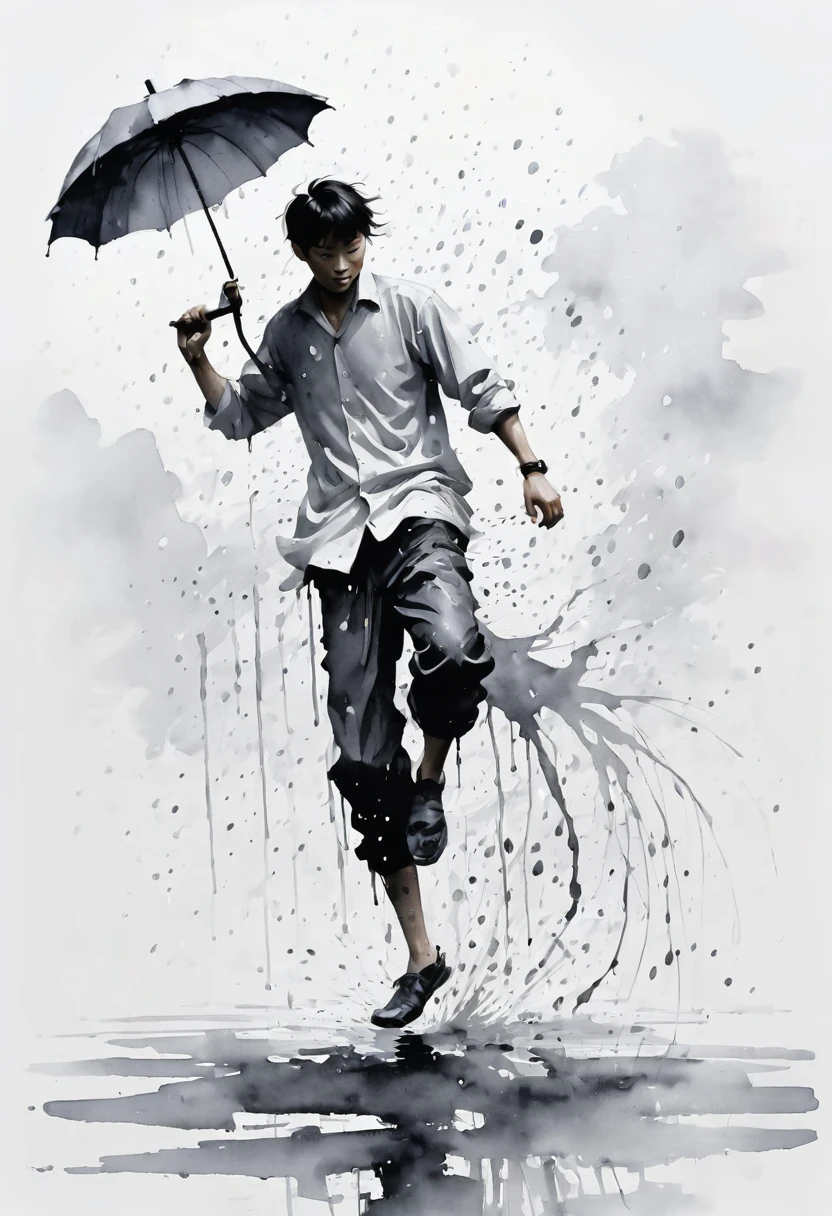中国Ink Painting, Gray and White, Minimum,White background,The Trail, Minimalism, Huge negative space, Ink Painting, Abstract,heavy rain,A person dancing in the rain