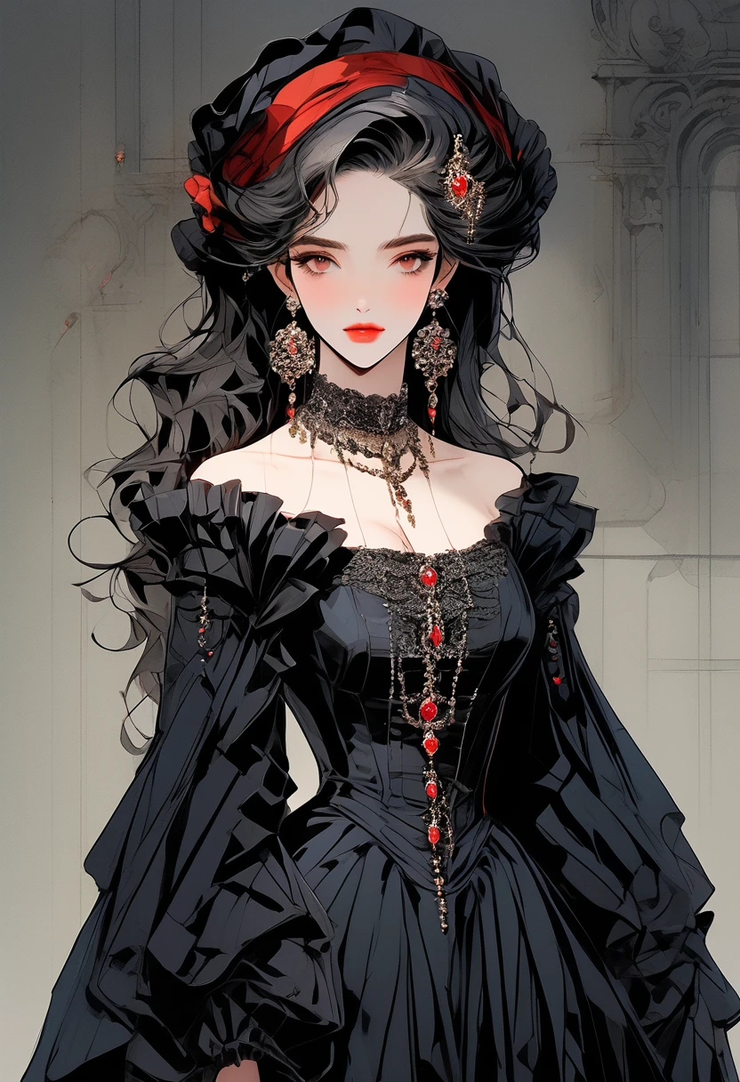 (Highest quality、masterpiece:1.2), ((Mature Woman))Huge , Adult face、Black Hair、Both sides up、Red eyes, (Dark eyeshadow、Lots of earrings) Gothic Dress, Black Dress, Victorian dress