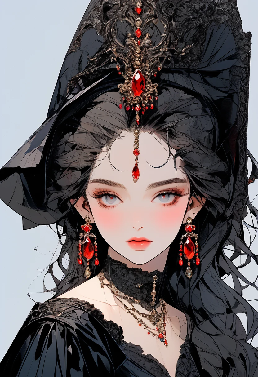 (Highest quality、masterpiece:1.2), ((Mature Woman))Huge , Adult face、Black Hair、Both sides up、Red eyes, (Dark eyeshadow、Lots of earrings) Gothic Dress, Black Dress, Victorian dress