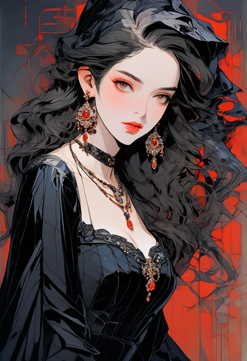 (Highest quality、masterpiece:1.2), ((Mature Woman))Huge , Adult face、Black Hair、Both sides up、Red eyes, (Dark eyeshadow、Lots of earrings) Gothic Dress, Black Dress, Victorian dress