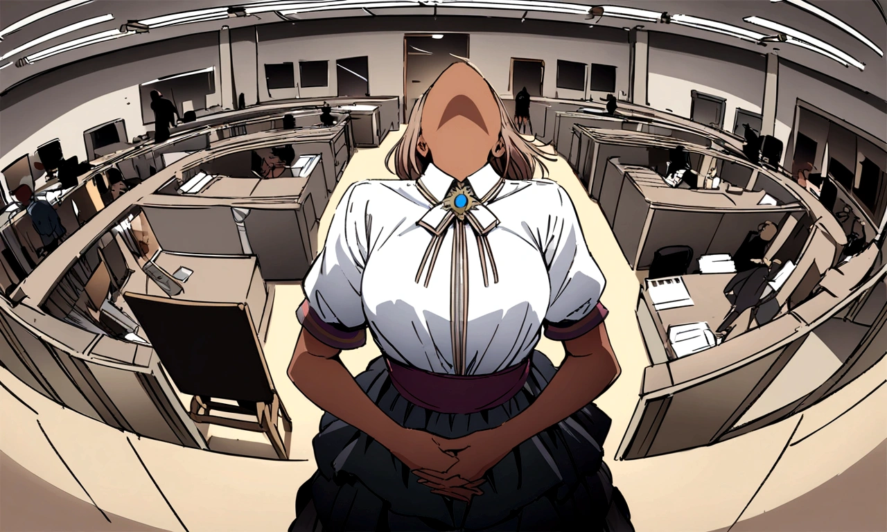 Masterpiece, Excellent, (Office: 1.8), CG drawing with super high detail, standing, 1 royal sister, angry, a woman with short tan hair, layered dress, hands crossed at waist, facing the audience, illustration, wide angle panorama