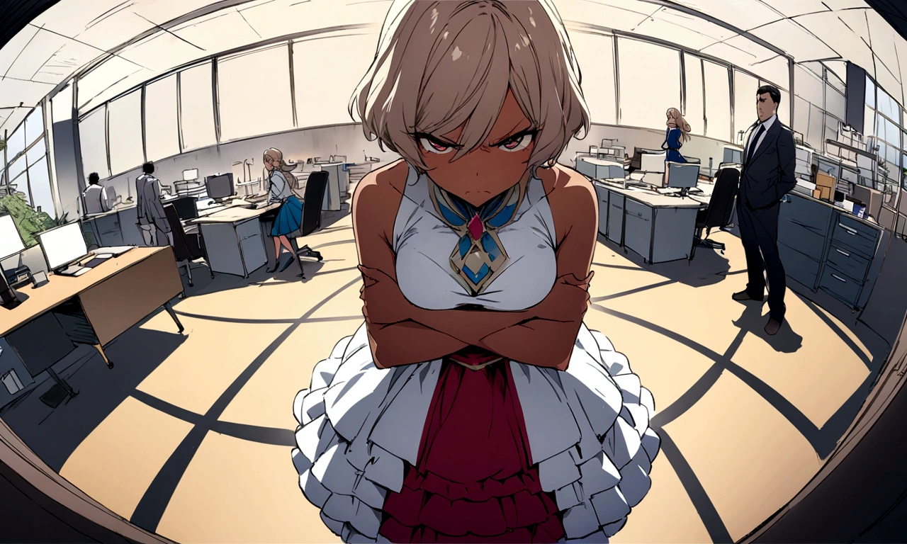 Masterpiece, Excellent, (Office: 1.8), CG drawing with super high detail, standing, 1 royal sister, angry, a woman with short tan hair, layered dress, hands crossed at waist, facing the audience, illustration, wide angle panorama