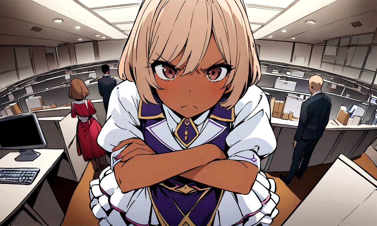 Masterpiece, Excellent, (Office: 1.8), CG drawing with super high detail, standing, 1 royal sister, angry, a woman with short tan hair, layered dress, hands crossed at waist, facing the audience, illustration, wide angle panorama