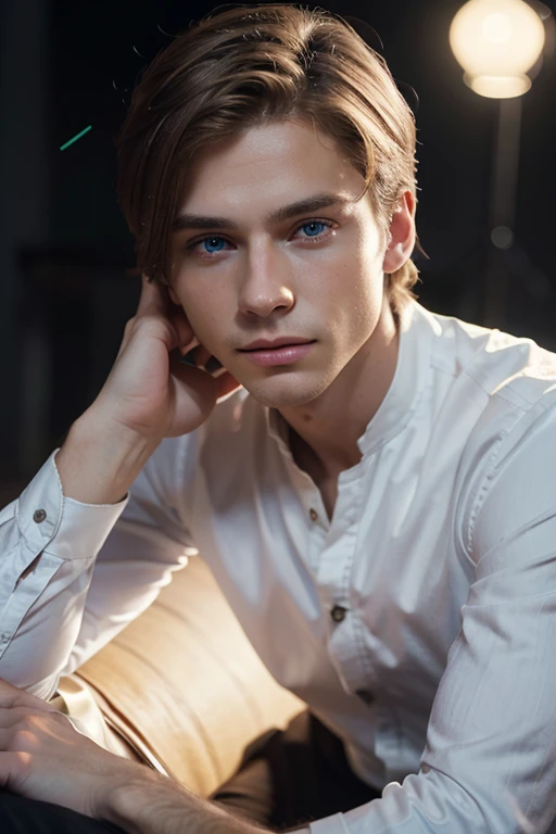 Detailed CG Unity 8K Wallpapers,Tabletop, best quality, ultra-detailed, white background, a beautiful 25-year-old man with short dark-blond hair, short hair, blue eyes and pale skin, masculine posture Complete fashion collection, high quality, Masterpiece, very beautiful and varied, top model, modern, very detailed and intricate, Very fine, extravagant , photorealistic, cinematic lighting, perfect