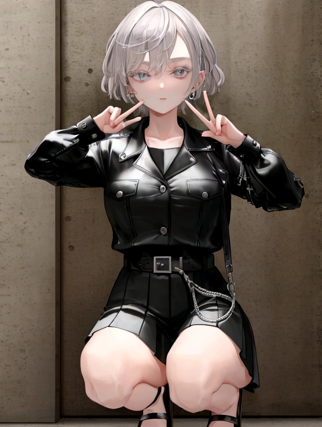 ((Highest quality)), ((masterpiece)), (detailed), One girl, sexy　short hair　squat　Extend your right hand and make a peace sign　Touch your ear with your left hand　Gray Hair