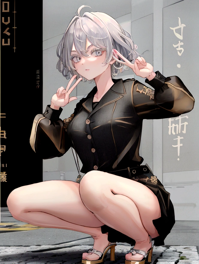 ((Highest quality)), ((masterpiece)), (detailed), One girl, sexy　short hair　squat　Extend your right hand and make a peace sign　Touch your ear with your left hand　Gray Hair