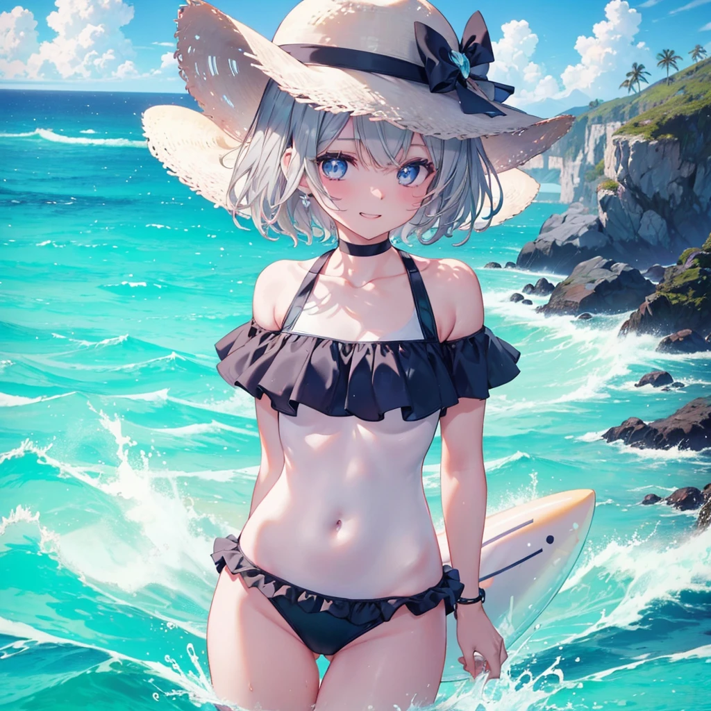 ((((Fluttering swimsuit　Ocean))))　(((Gray Hair　short hair　blue eyes　woman)))，((Splash　sun　cloud))，(Wearing a hat　black　smile)，　Showing teeth　Shining Background　Shining Edges
