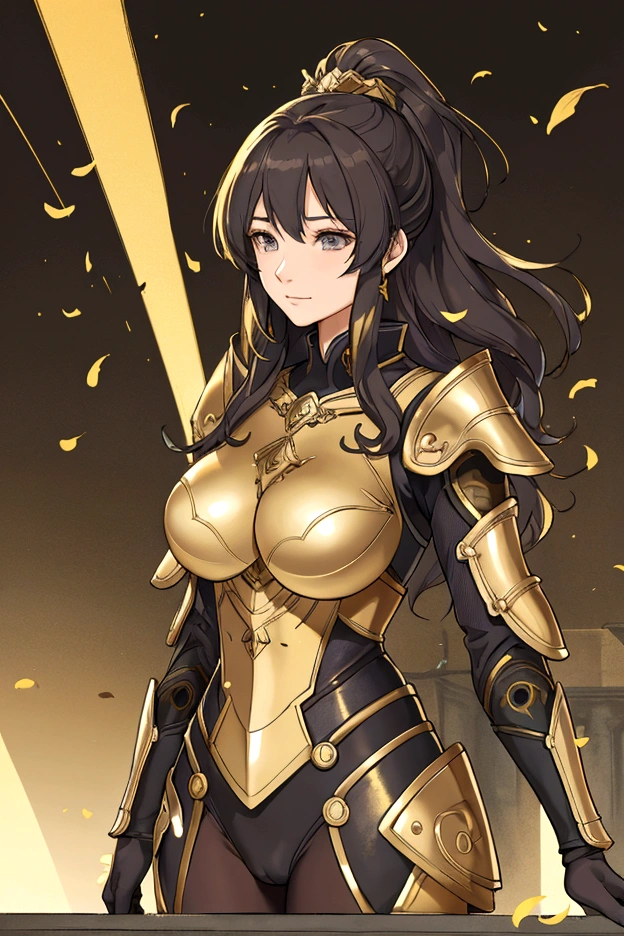 best quality, official art, masterpiece, textile shading, HDR, very detailed, colorful, best details, fantasy, Black and gold battle suit,1 female, Yui Takamura:1.5, 25 years old, best quality, official art, masterpiece, textile shading, HDR, very detailed, colorful, best details, fantasy, battle suit,1 female, 25 years old, standing on stairs,A castle town with an old castle view, sunny,choppy hair, big breast, skinny,Surrounded by a large crowd:1.9、Confetti flutters、Blessed、Being welcomed:1.5、cameltoe