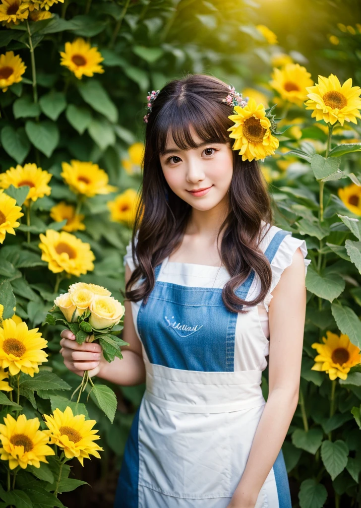 (Realistic, photo-Realistic:1.37),(8K, RAW Photos, Highest quality, masterpiece:1.2), cute, Ultra-detailed, 超High resolution, Kodak Vision Color, Filmed with an Arricam LT camera,Highest quality, Lively, 8K, High resolution, 1 girl, Escape, (Professional Lighting), (Portraiture:0.6), Black Hair, (Medium Hair),22 years old、loristさん、Wear an apron、Make a bouquetlorist、Surrounded by lots of flowers、sunflower、Margaret、