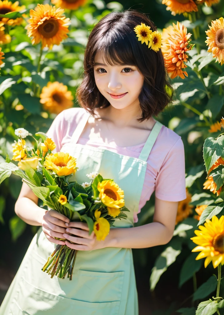 (Realistic, photo-Realistic:1.37),(8K, RAW Photos, Highest quality, masterpiece:1.2), cute, Ultra-detailed, 超High resolution, Kodak Vision Color, Filmed with an Arricam LT camera,Highest quality, Lively, 8K, High resolution, 1 girl, Escape, (Professional Lighting), (Portraiture:0.6), Black Hair, (Medium Hair),22 years old、loristさん、Wear an apron、Make a bouquetlorist、Surrounded by lots of flowers、sunflower、Margaret、