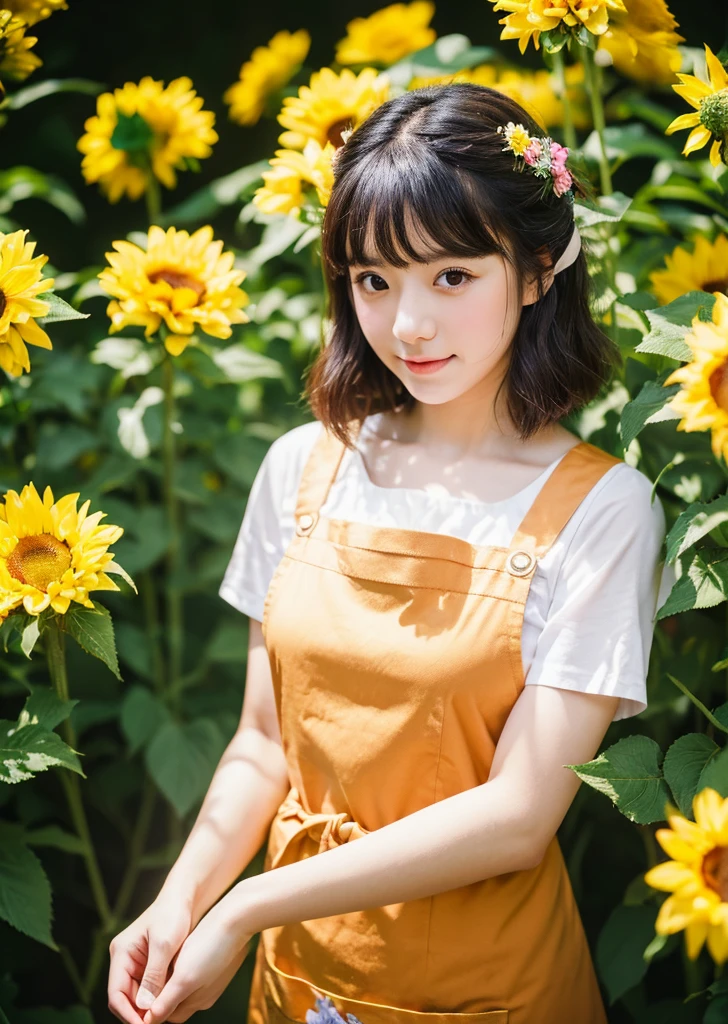 （Realistic, photo-Realistic:1.37),(8K, RAW Photos, Highest quality, masterpiece:1.2), cute, Ultra-detailed, 超High resolution, Kodak Vision Color, Filmed with an Arricam LT camera,Highest quality, Lively, 8K, High resolution, 1 girl, Escape, (Professional Lighting), (Portraiture:0.6), Black Hair, (Medium Hair）,22 years old、loristさん、Wear an apron、Make a bouquetlorist、Surrounded by lots of flowers、sunflower、Margaret、