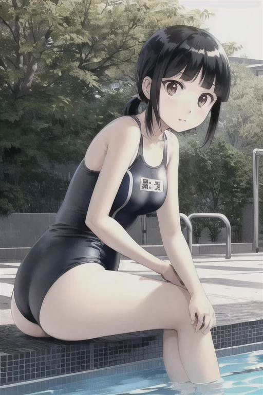 View your viewers,
Black Hair,(Tied Hair,Blunt bangs:1.2), Small breasts,
((School Swimsuit)), slouch、Backwards、look back、(Highest quality:1.3),One girl、Pool