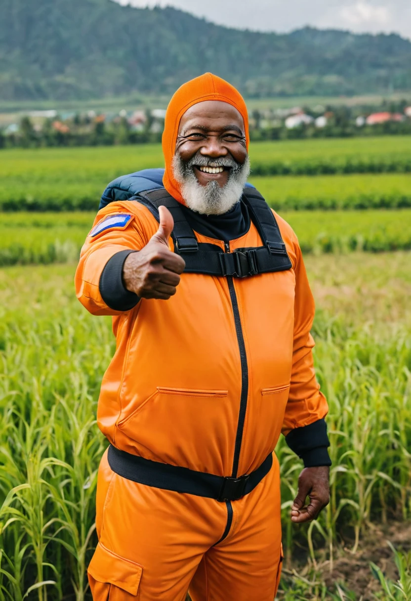 (a dark-skinned fat muscular bearded elderly old man in orange military air force pilot suit) wearing balaclava, standing in a field, thumbs up pose, Bruce Onobrakpeya, sumatraism, stanley artgermm, professional photo, a stock photo, fierce, smiling,
